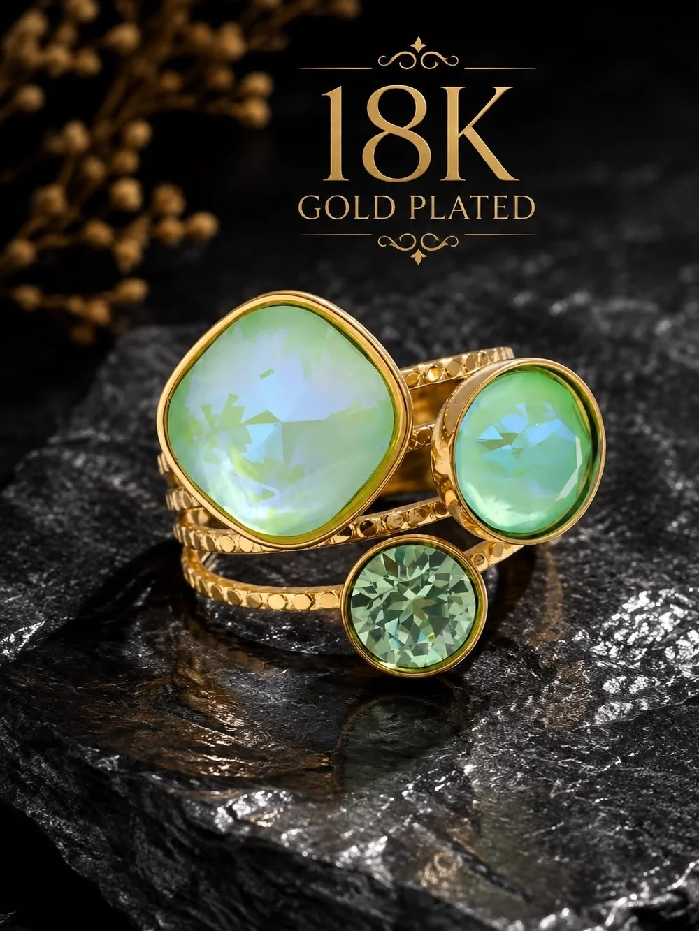 Gold Ring with Green Gemstones - Women's Fashion Ring